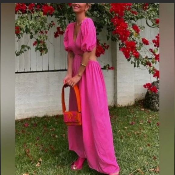 Zara cut out Barbie pink dress with braided straps poplin maxidress 2023 - Picture 3 of 13